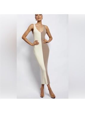 Meshki Jodie Two Tone V Neck dress cream and brown size small